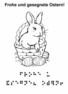 Grafische Darstellung von einem Hasen in einem Osterkorb mit Eiern Text: Frohe und gesegnete Ostern! in Schrift und Braille