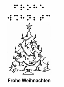 Geschmückter Weihnachtsbaum Text: Frohe Weihnachten mit Schrift und Braille